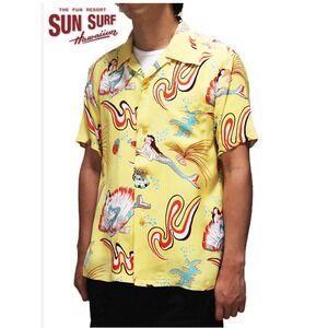 Sun Surf x Beams Mermaids Aloha Shirt Sz M Yellow Rare Hawaiian Japan READ